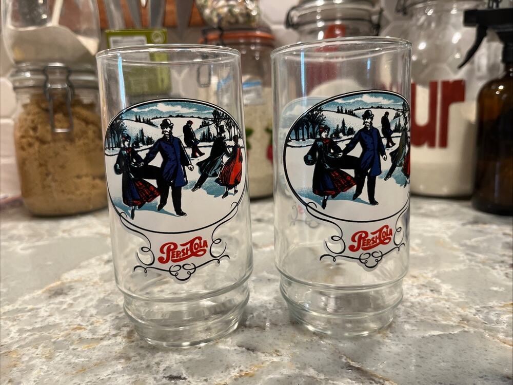 Two Vintage collectible Pepsi-Cola Glasses Horse Pulling Sleigh Winter Holiday
